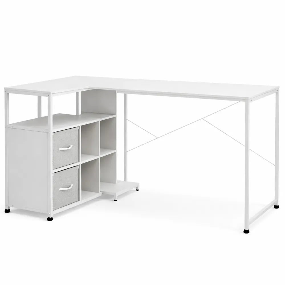 Table d'angle en L avec ports USB et étagères réversibles, 120x80cm, couleur blanche