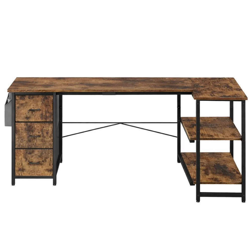 Bureau d'angle en L avec tiroirs et étagères réglables, 140 x 78 cm, pour gaming et espaces de travail, coloris marron