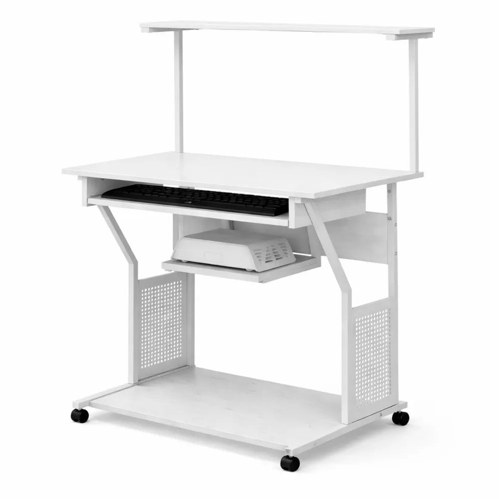 Bureau multifonction sur roulettes avec étagères et plateau clavier, 80 x 50 x 130 cm, Blanc