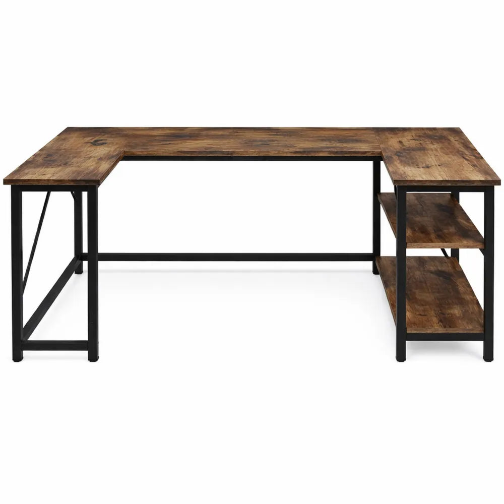 Table de Travail en L avec Étagères Réversibles, Marron