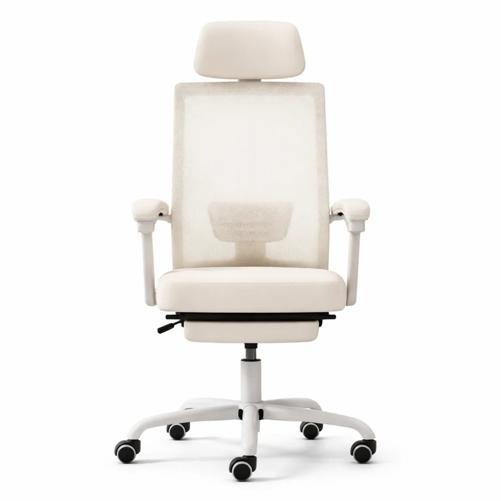 Chaise de bureau ergonomique réglable avec appuie-tête et repose-pieds, capacité 136 kg, maille respirante, beige